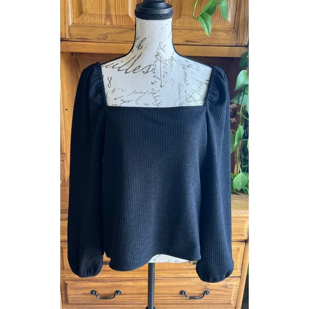 Madewell Black Textured Crepe Square Neck Puff Sleeve Blouse‎ Top Medium